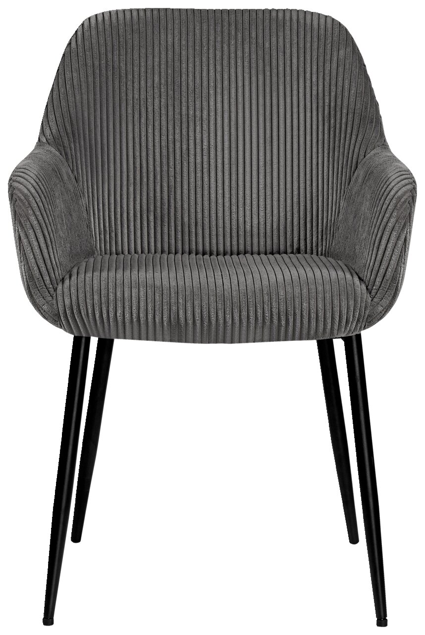 Grauer Armlehnstuhl mit geripptem Stoffbezug und schwarzen Metallbeinen, Frontalansicht