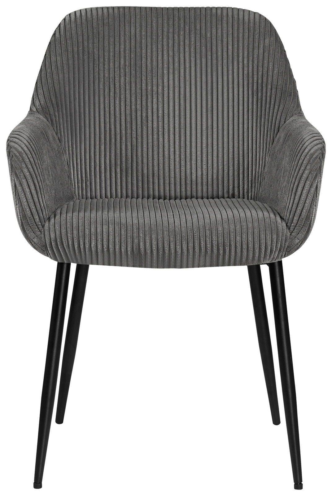 Grauer Armlehnstuhl mit geripptem Stoffbezug und schwarzen Metallbeinen, Frontalansicht