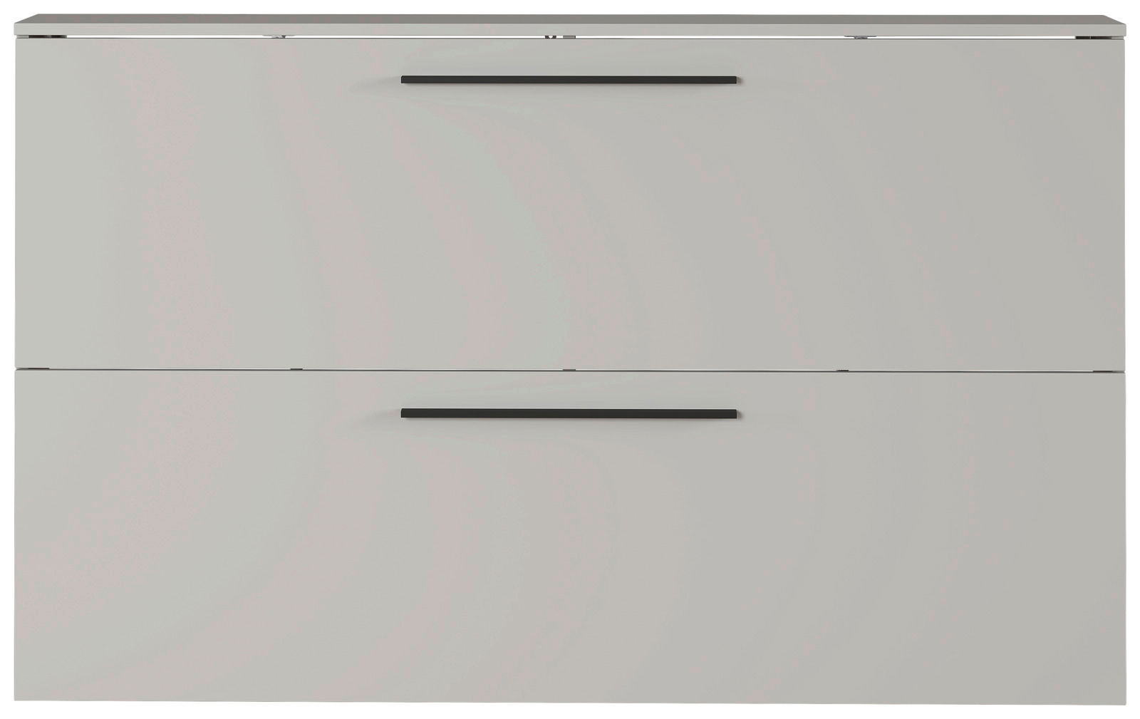 Frontansicht eines modernen, zweifarbigen Schuhschranks mit zwei Klappen und schwarzen Griffen.