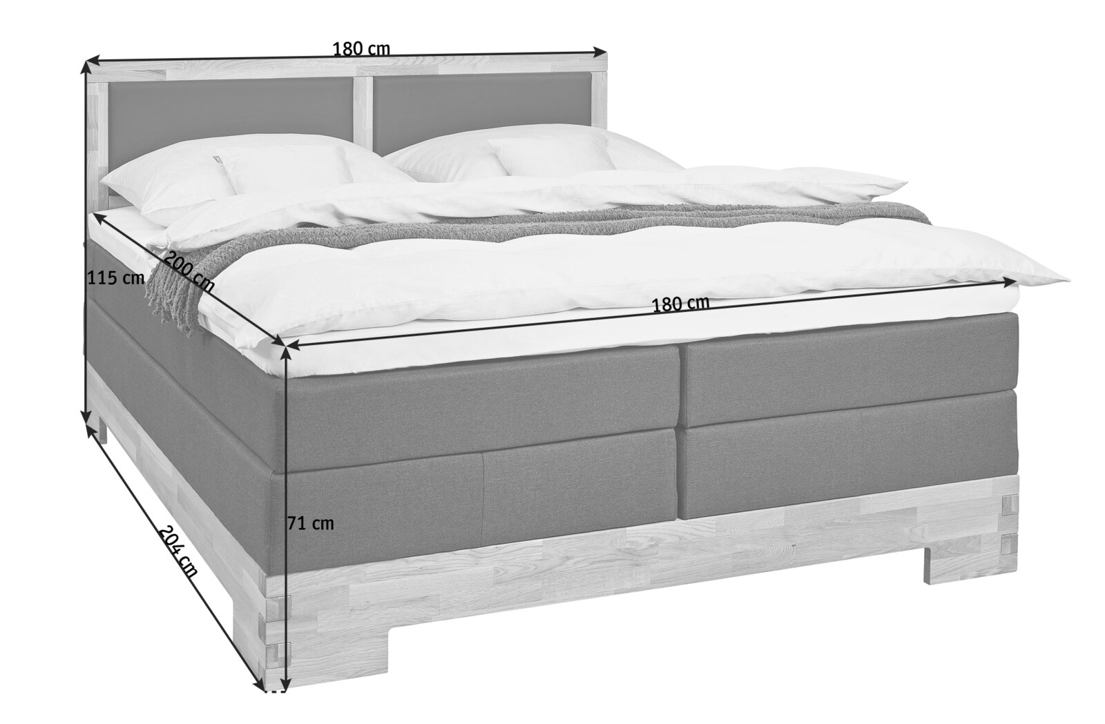 Boxspringbett in seitlicher Perspektive mit grauem Stoffbezug, Holzfüßen und Maßen 180x200 cm