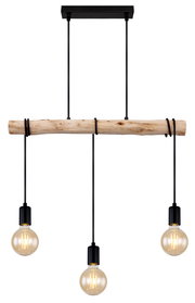 Hängeleuchte mit drei Glühbirnen, die an einem rustikalen Holzstab hängen, aus der Frontalperspektive.