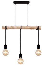 Hängeleuchte mit drei Glühbirnen, die an einem rustikalen Holzstab hängen, aus der Frontalperspektive.