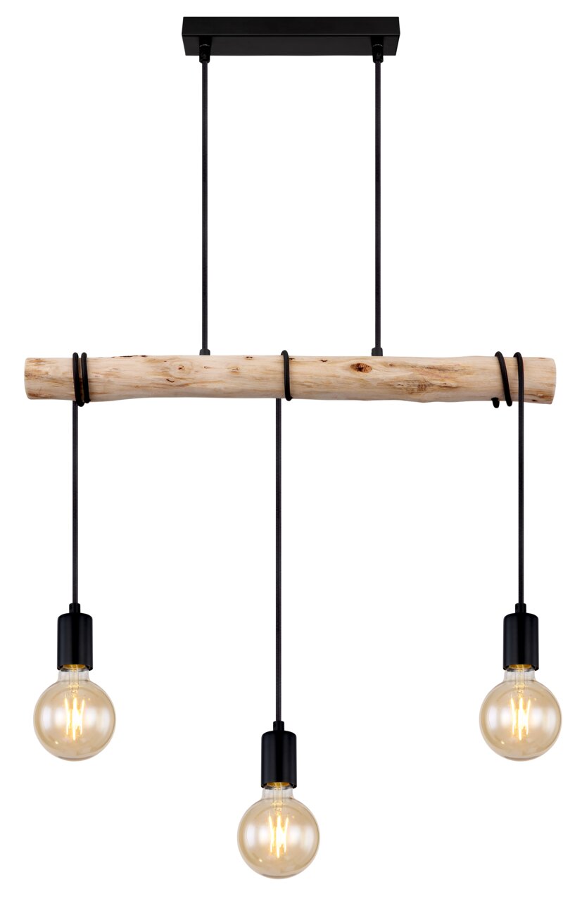 Hängeleuchte mit drei Glühbirnen, die an einem rustikalen Holzstab hängen, aus der Frontalperspektive.