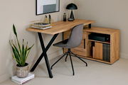 Eck-Schreibtisch-Kombination aus Holz mit schwarzem Metallgestell, grauem Stuhl und Stauraum, seitliche Perspektive