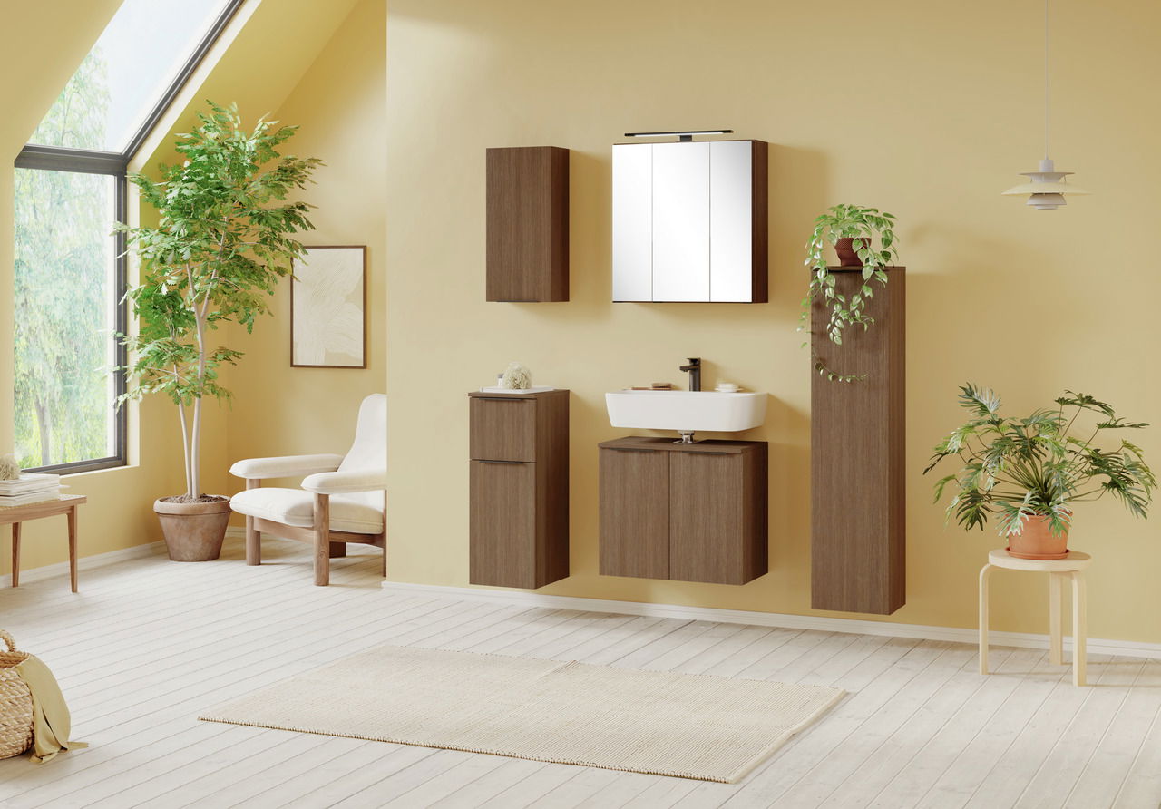 Moderner Midischrank in Holzoptik, Teil eines stilvollen Badezimmersets, frontal abgebildet.