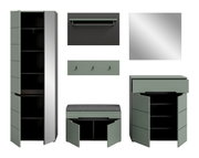 Modernes Garderoben-Set in Salbeigrün mit Hochschrank, Sitzbank/Schuhbank mit grauem Polster, Kommode/Schuhschrank, Wandgarderobe mit Hakenleiste, Ablage und Spiegel; Ansicht in Frontperspektive mit teils geöffneten Türen