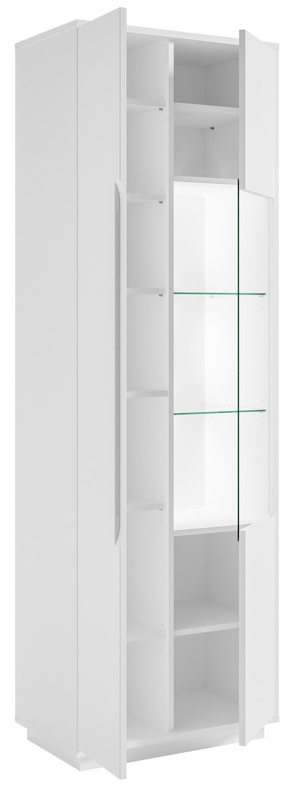 Weiße Vitrine mit Glastüren und mehreren Regalböden, perspektivisch von vorne links fotografiert.