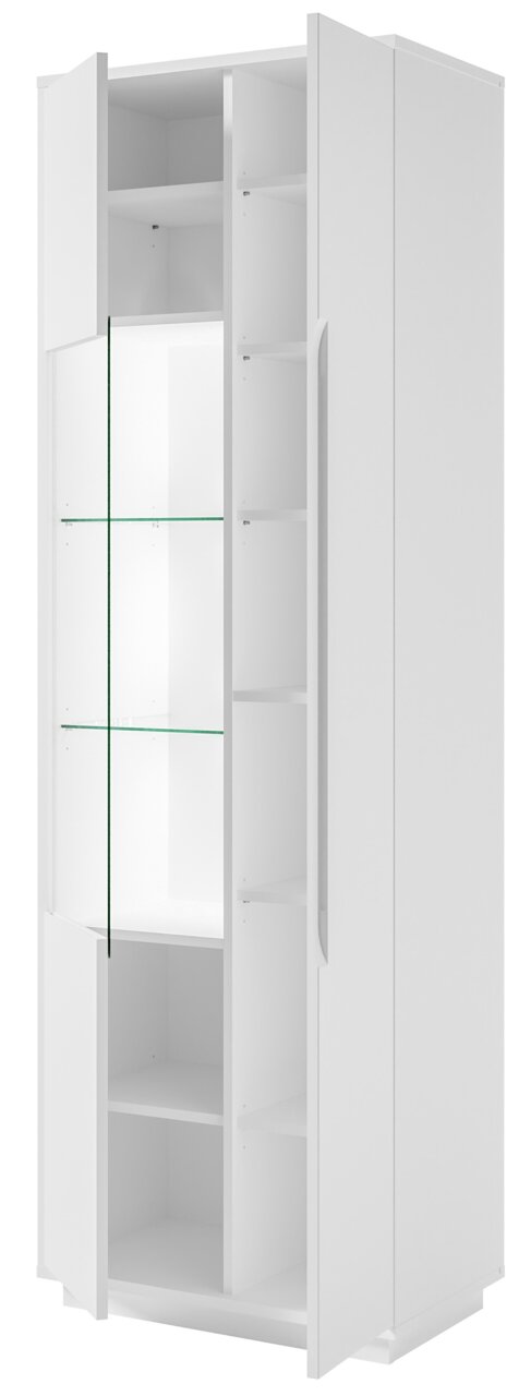 Weiße Vitrine mit Glastüren und mehreren Regalböden, perspektivisch von vorne links fotografiert.