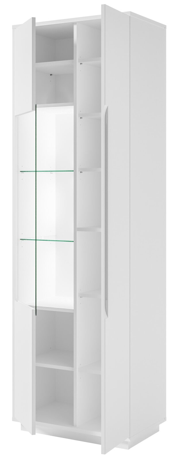 Weiße Vitrine mit Glastüren und mehreren Regalböden, perspektivisch von vorne links fotografiert.