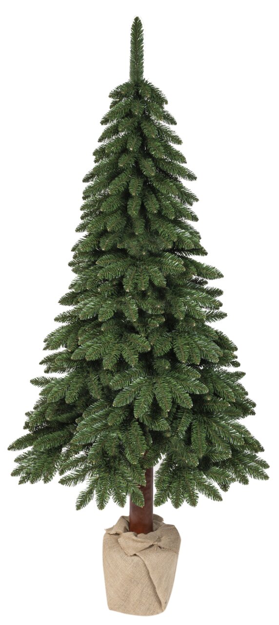 Künstlicher Weihnachtsbaum Tora Kiefer, 240 cm hoch, in einem Jutesack, frontal fotografiert.
