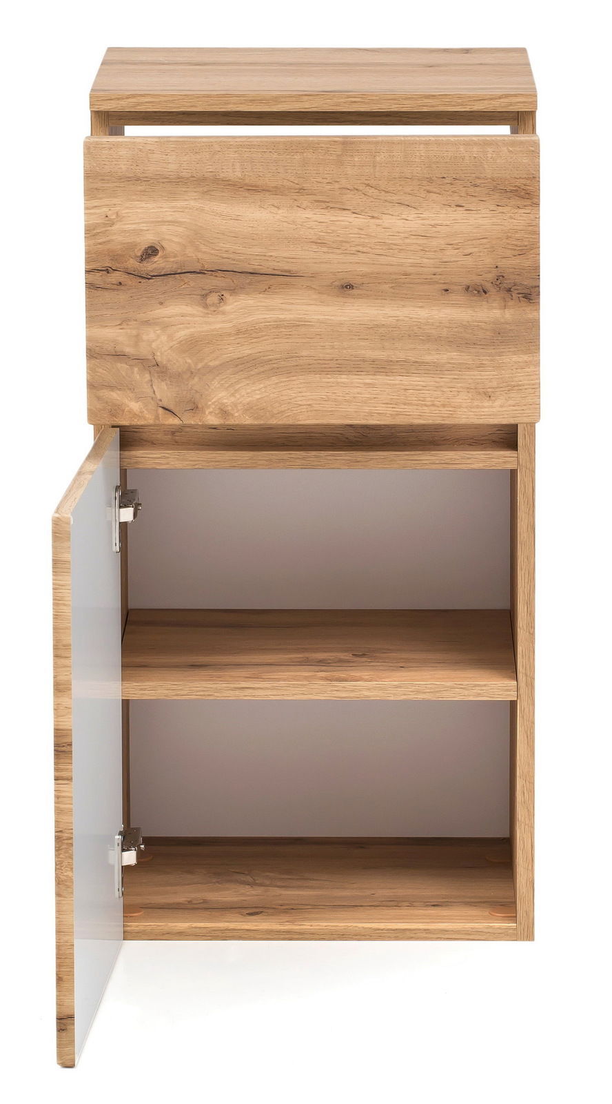 Unterschrank aus Holz mit geöffneter Tür, zwei Regalböden und natürlicher Holzmaserung, Frontalansicht