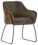 Moderner Armlehnstuhl mit braunem Stoffbezug und Metallgestell, seitliche Perspektive