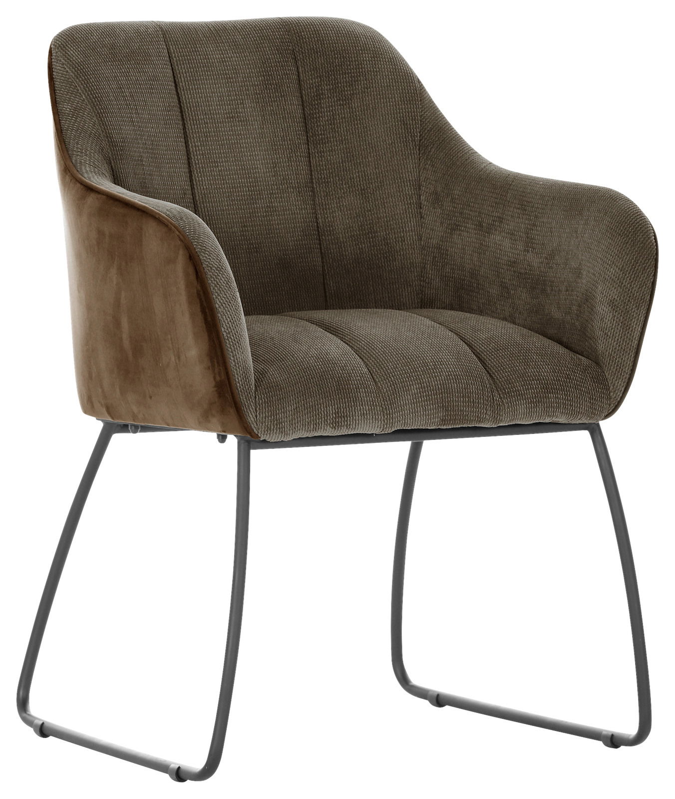 Novel Armlehnstuhl LAILA Moderner Armlehnstuhl mit braunem Stoffbezug und Metallgestell, seitliche Perspektive