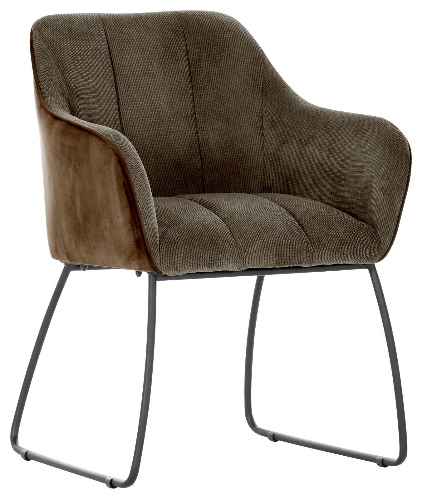 Moderner Armlehnstuhl mit braunem Stoffbezug und Metallgestell, seitliche Perspektive