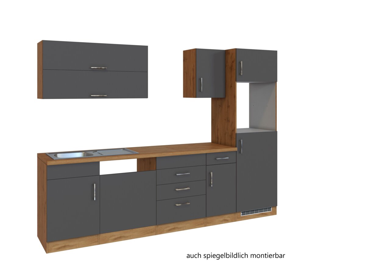 Moderne keukenblok in houtlook met grijze fronten, bestaande uit meerdere kasten en een spoelbak, afgebeeld in vooraanzicht.
