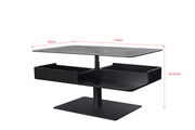 Moderner Couchtisch mit verstellbarer Höhe, rechteckiger Tischplatte und integriertem Stauraum, seitliche Perspektive.