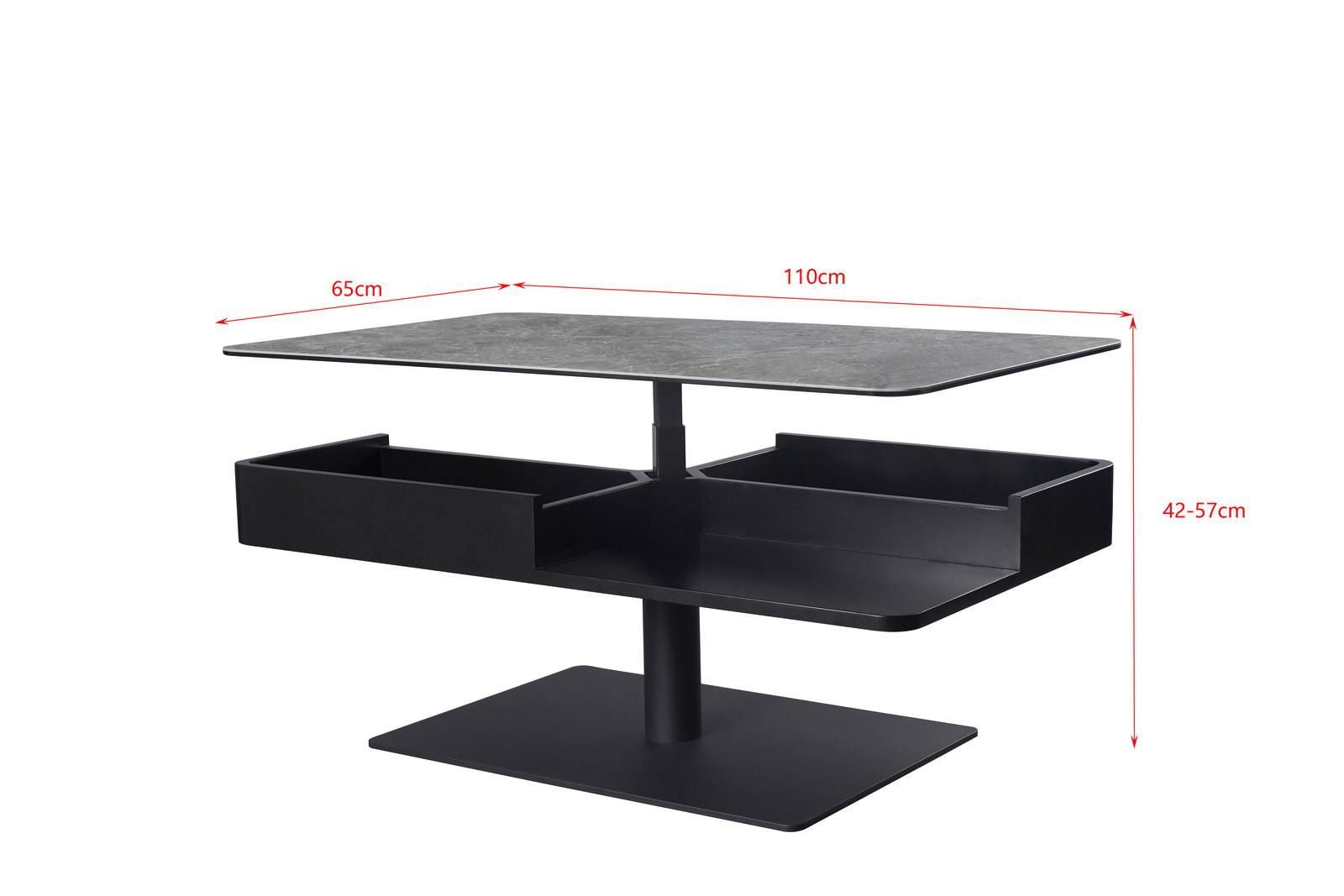Moderner Couchtisch mit verstellbarer Höhe, rechteckiger Tischplatte und integriertem Stauraum, seitliche Perspektive.