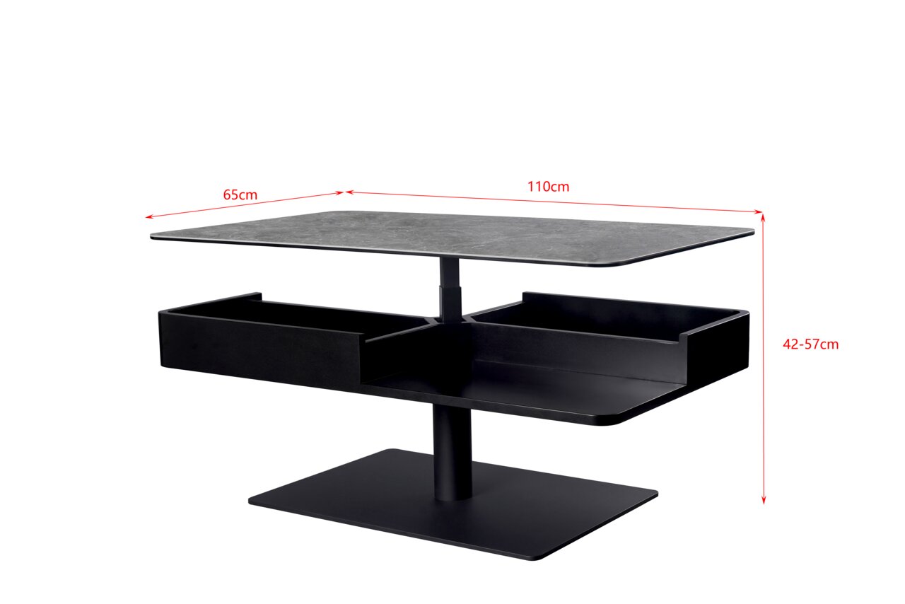 Moderner Couchtisch mit verstellbarer Höhe, rechteckiger Tischplatte und integriertem Stauraum, seitliche Perspektive.