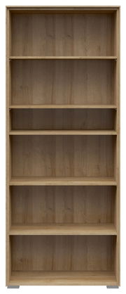 Frontale Ansicht eines breiten Aktenregals mit fünf offenen Fächern in Holzoptik.