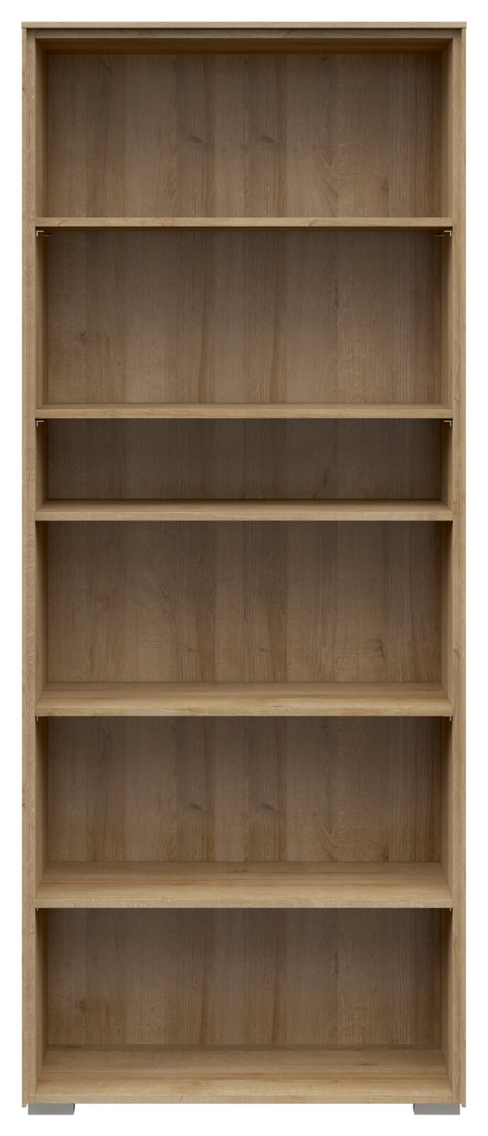 Voleo Aktenregal NEVADA Frontale Ansicht eines breiten Aktenregals mit fünf offenen Fächern in Holzoptik.