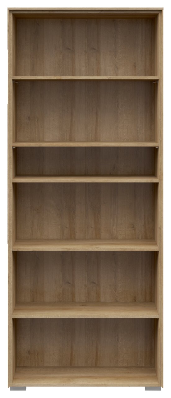 Voleo Aktenregal NEVADA Frontale Ansicht eines breiten Aktenregals mit fünf offenen Fächern in Holzoptik.