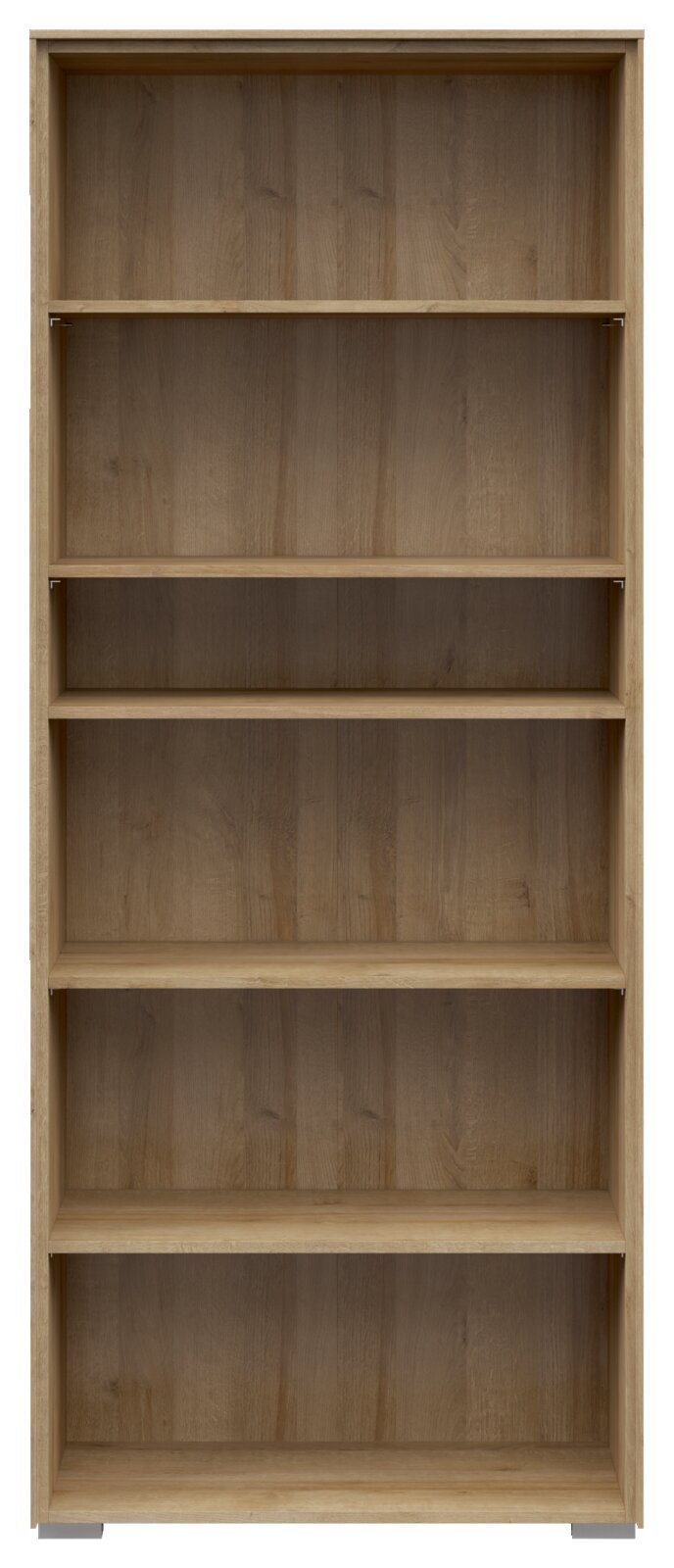 Voleo Aktenregal NEVADA Frontale Ansicht eines breiten Aktenregals mit fünf offenen Fächern in Holzoptik.