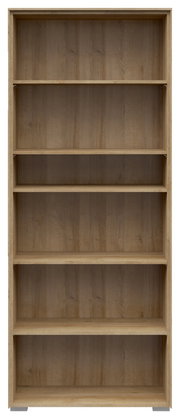Frontale Ansicht eines breiten Aktenregals mit fünf offenen Fächern in Holzoptik.