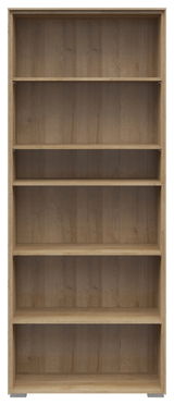 Frontale Ansicht eines breiten Aktenregals mit fünf offenen Fächern in Holzoptik.