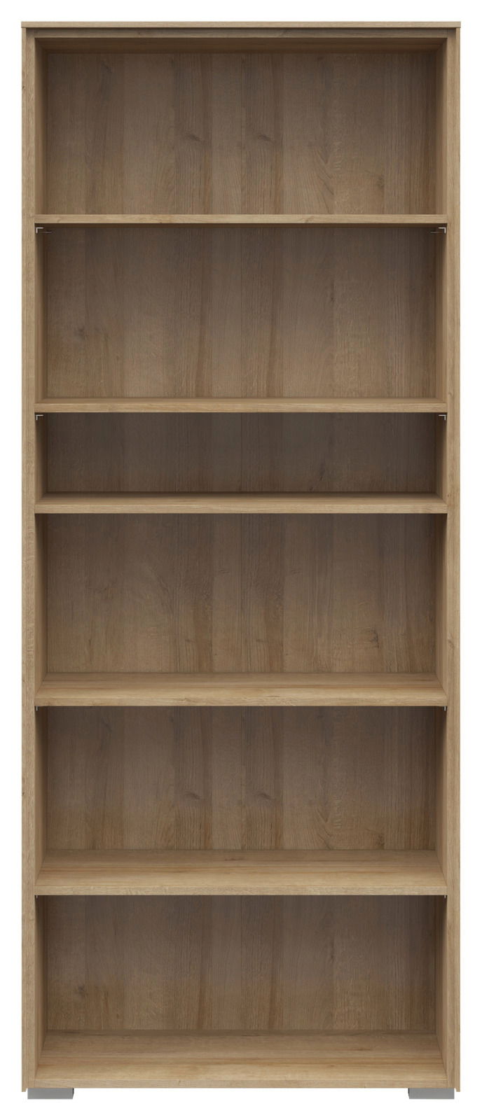 Frontale Ansicht eines breiten Aktenregals mit fünf offenen Fächern in Holzoptik.