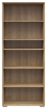 Frontale Ansicht eines breiten Aktenregals mit fünf offenen Fächern in Holzoptik.