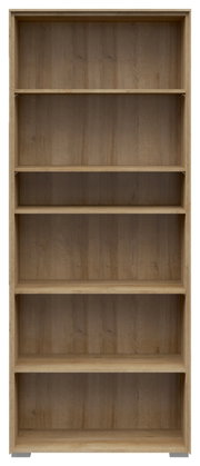 Frontale Ansicht eines breiten Aktenregals mit fünf offenen Fächern in Holzoptik.