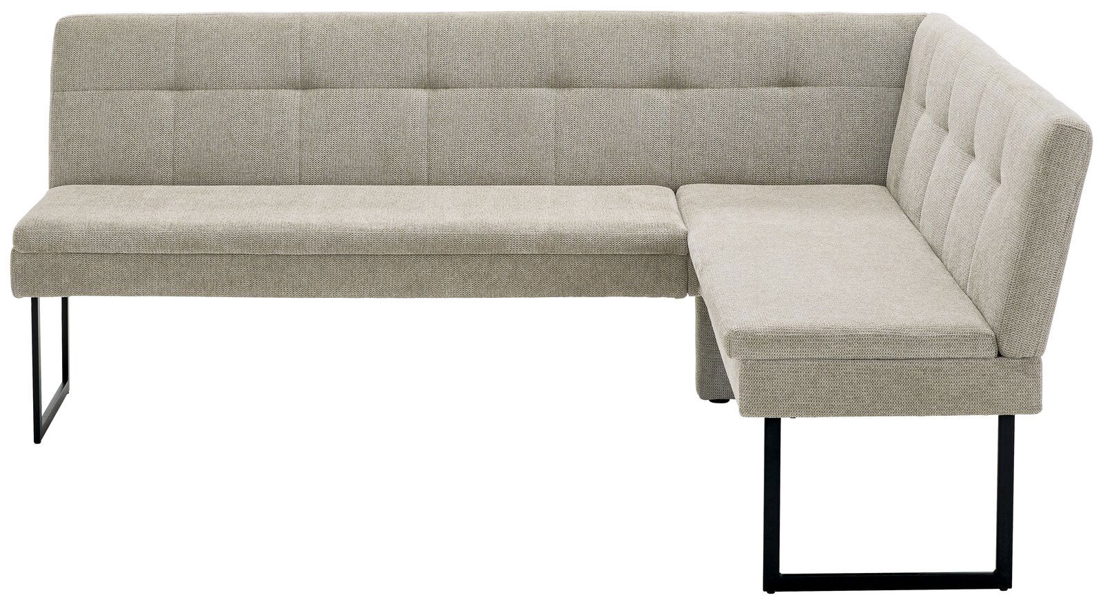 Eckbank in hellgrauem Stoffbezug mit schwarzem Metallgestell, Perspektive von vorne rechts