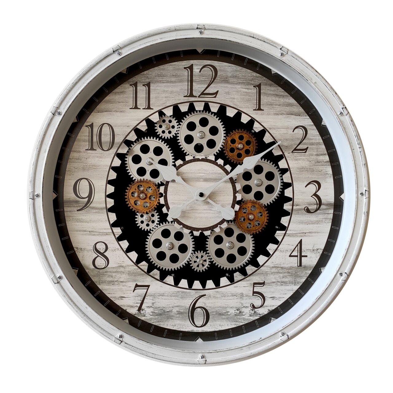 Wanduhr mit Zahnrädern im Vintage-Stil, frontal abgebildet.