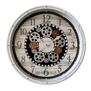 Wanduhr mit Zahnrädern im Vintage-Stil, frontal abgebildet.