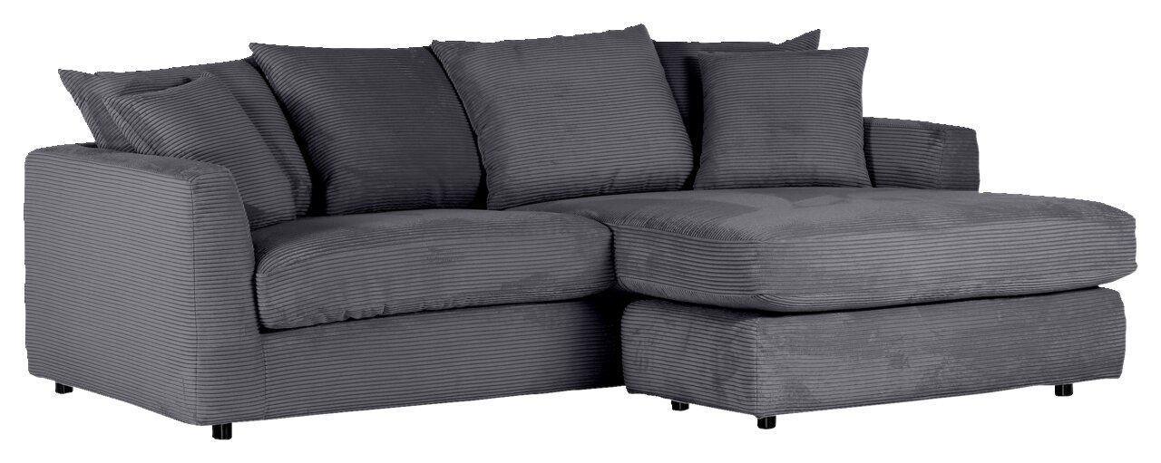 Graues Ecksofa mit mehreren Kissen, Perspektive von vorne links