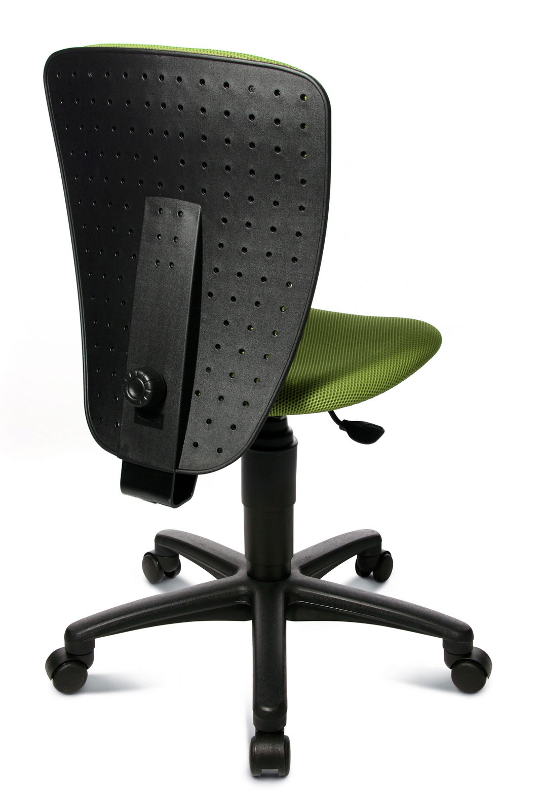 Rückansicht eines Kinder- und Jugendstuhls mit grünem Sitz und schwarzer, perforierter Rückenlehne auf Rollen.