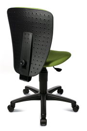 Rückansicht eines Kinder- und Jugendstuhls mit grünem Sitz und schwarzer, perforierter Rückenlehne auf Rollen.