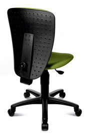 Rückansicht eines Kinder- und Jugendstuhls mit grünem Sitz und schwarzer, perforierter Rückenlehne auf Rollen.