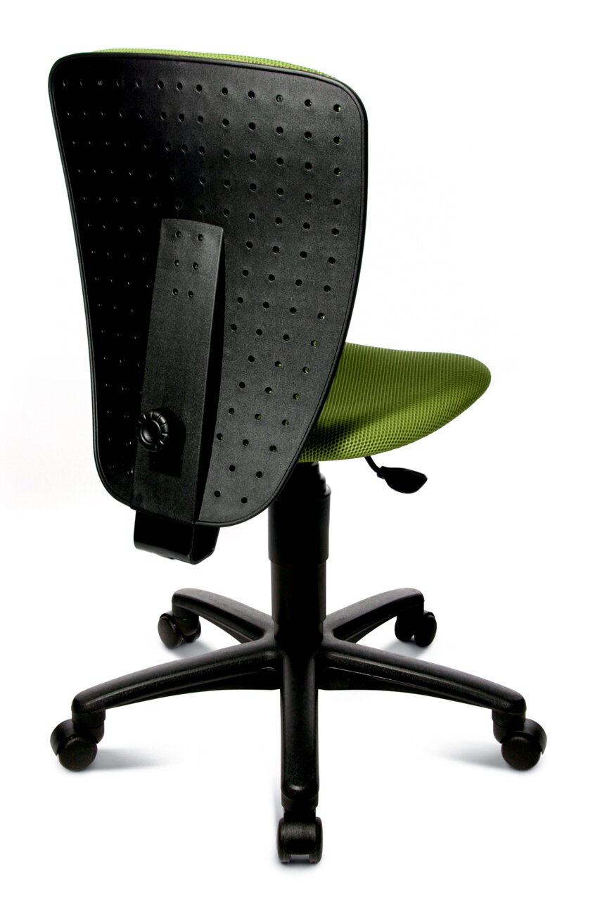 Rückansicht eines Kinder- und Jugendstuhls mit grünem Sitz und schwarzer, perforierter Rückenlehne auf Rollen.