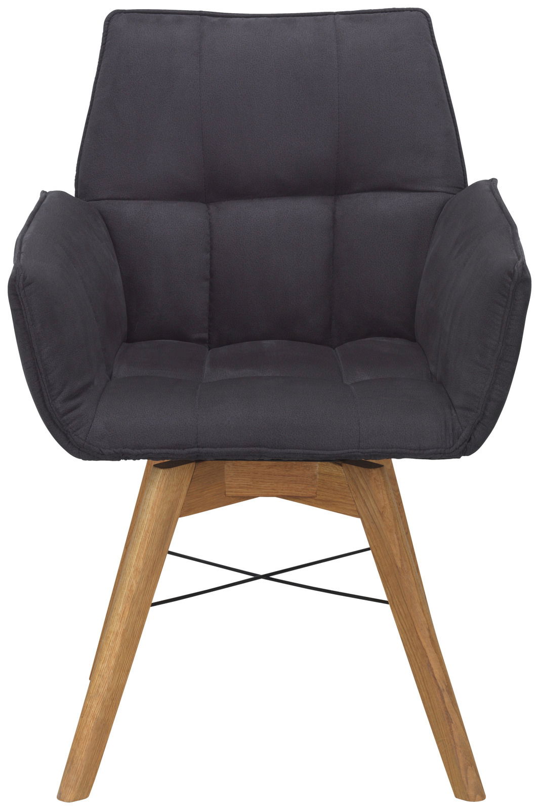 Vorderansicht eines modernen Armlehnenstuhls mit gepolstertem Sitz und Holzbeinen