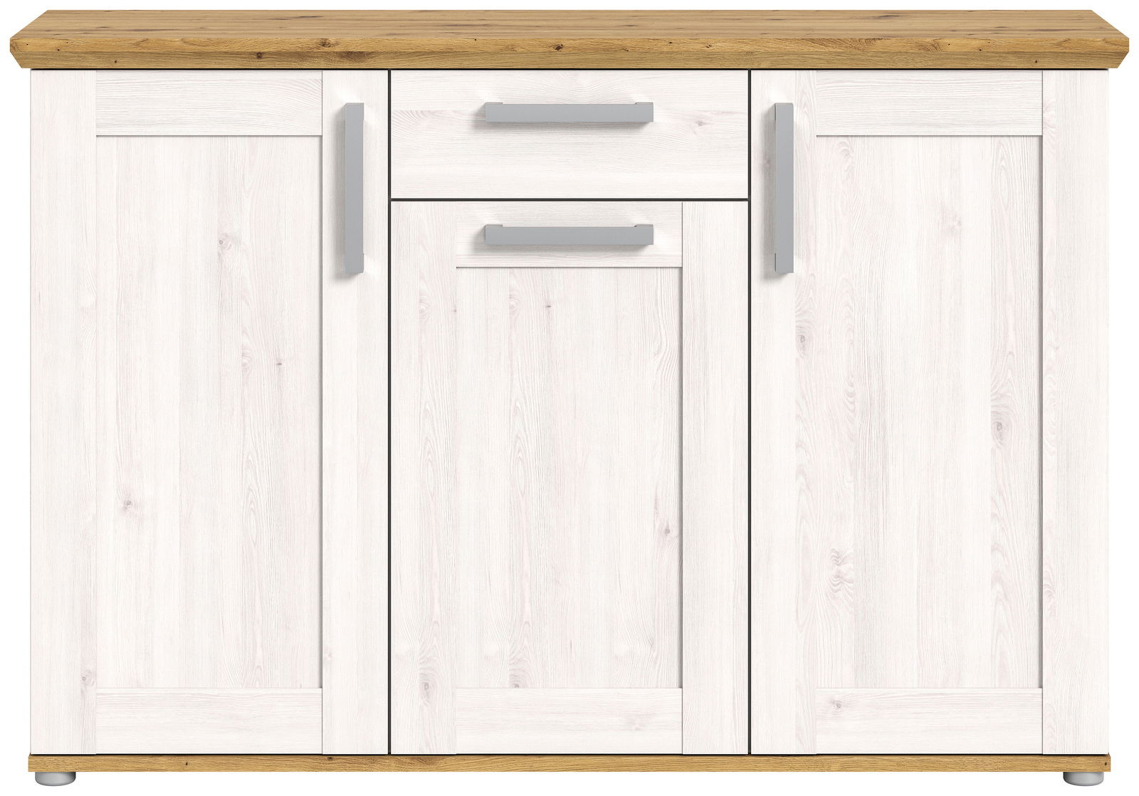 Frontansicht einer weißen Kommode mit drei Türen und einer Schublade, Holzoberfläche und silbernen Griffen.