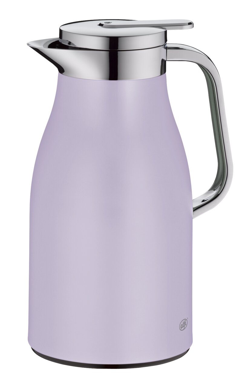 Lila Isolierkanne Skyline mit glänzendem Griff und Deckel, seitliche Perspektive