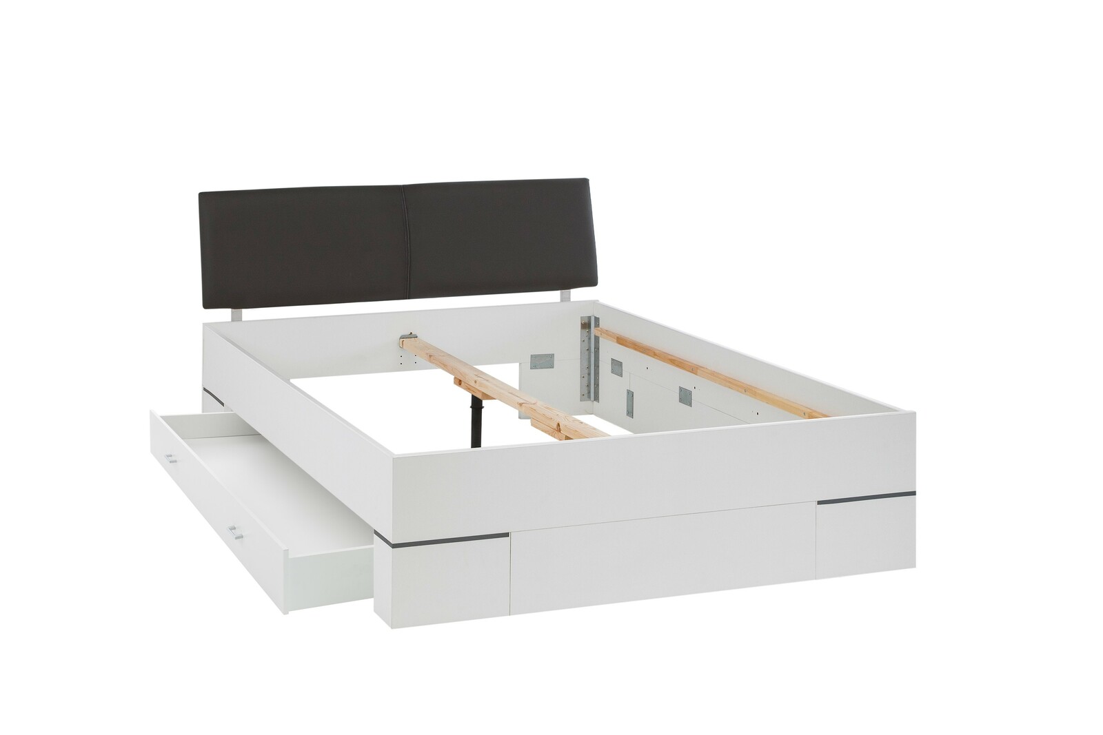 Weißes Bettgestell mit schwarzem Kopfteil und Schubladen, seitliche Perspektive