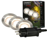 Starter Set aus Edelstahl mit drei runden LED-Leuchten und einem Stecker, perspektivisch von vorne gezeigt.