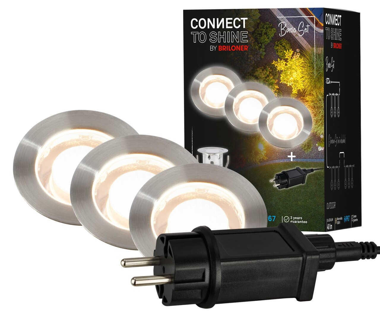 Starter Set aus Edelstahl mit drei runden LED-Leuchten und einem Stecker, perspektivisch von vorne gezeigt.