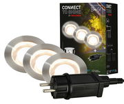 Starter Set aus Edelstahl mit drei runden LED-Leuchten und einem Stecker, perspektivisch von vorne gezeigt.