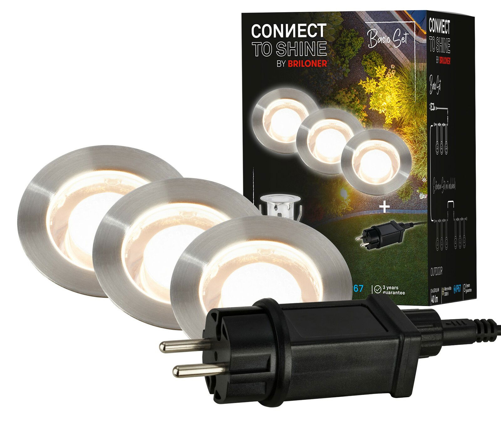 Starter Set aus Edelstahl mit drei runden LED-Leuchten und einem Stecker, perspektivisch von vorne gezeigt.