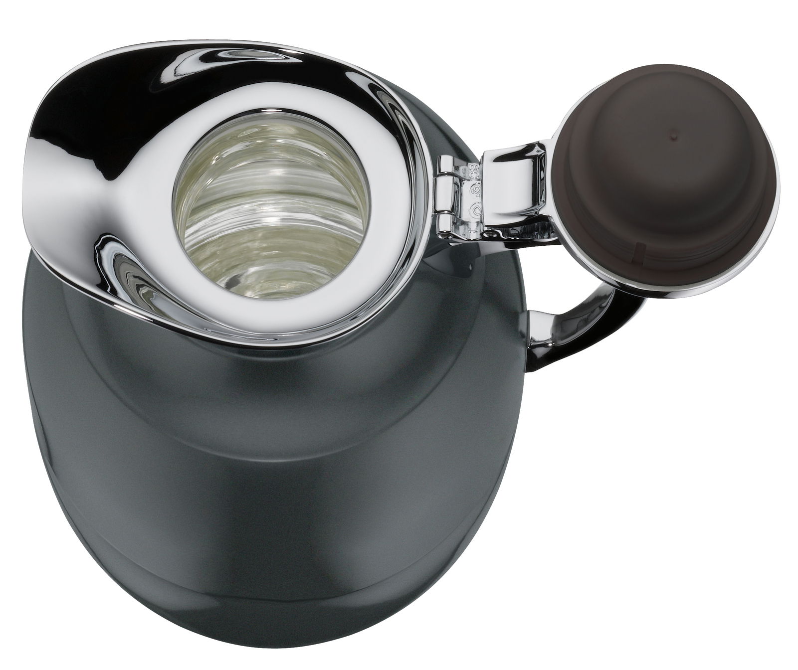 Isolierkanne Juwel von oben mit geöffnetem Deckel, glänzende Metalloberfläche und schwarzem Griff.