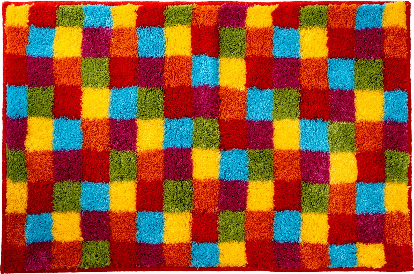 Bunter, flauschiger Teppich mit kariertem Muster in Rot, Gelb, Blau, Grün, Orange und Lila, Draufsicht von oben.