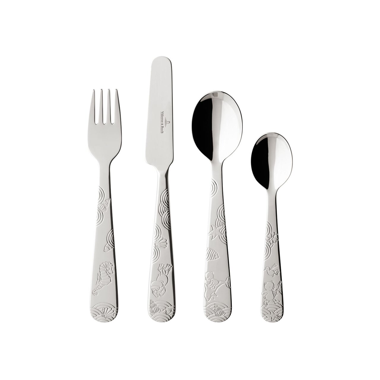 Villeroy & Boch Kinderbesteck 4 tlg. HAPPY AS A BEAR Kinderbesteck 4-teilig mit verspielten Motiven, bestehend aus Gabel, Messer, großem und kleinem Löffel, frontal abgebildet.